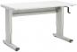 Preview: The table is rectangular with a white surface. It has two gray, sturdy legs and a hand crank on the side to adjust the height. There are ventilation slots under the tabletop.