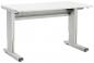 Preview: The desk has a rectangular, white surface. The legs are gray and have a modern, stable shape. There is a control panel on the side for height adjustment.