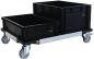 Preview: The image shows a cart with two black plastic crates. One crate is larger than the other. The cart has four wheels for easy movement.