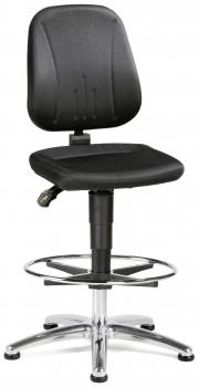 The image shows an adjustable office chair with a black, padded seat and a backrest. The chair has a chrome base with a round footrest and five casters.