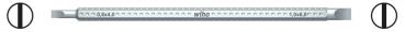 The image shows a long, narrow metal ruler with centimeter and millimeter markings on it. Round, black markings can be seen at the ends.