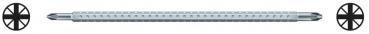 The image shows a long, straight metal rail with five round, narrow indentations. At both ends, there are round parts, likely wheels or suspensions.