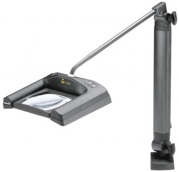 The image shows a reading magnifier with a flexible arm. It has a flat, large lens and a stable base. The lamp can be positioned over books or documents.