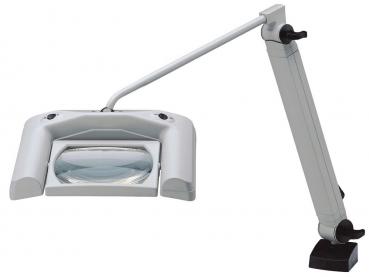 The image shows a desk magnifier with a flexible arm. The magnifier features a large, clear lens in the center and is mounted on a stable base, ideal for close-up work.