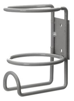 The image shows a gray metal holder. It has a round cutout on top to hold a beverage or similar, and is flat with a wall mount.
