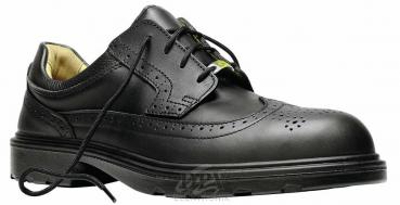 The image shows a black, elegant lace-up shoe. It has a smooth surface, side decorations, and a non-slip rubber sole. The laces are centered.