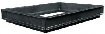 The image shows a rectangular, flat dish or box made of black material. It has raised edges on the sides and an open area in the middle. Ideal for storage or plant containers.