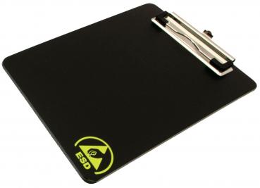 The image displays a black clipboard with a metallic clip at the top. In the bottom left corner, there is a yellow symbol labeled "ESD". The board has a flat, smooth surface.