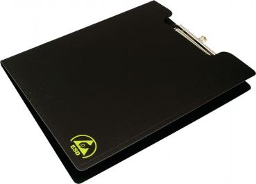 The image shows a black folder with a clamp at the top. The folder has a smooth surface and a small green logo on the front. It is closed and rectangular.