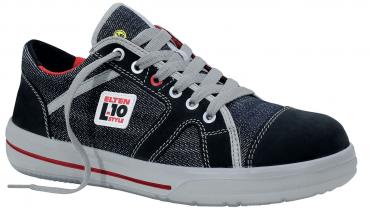 The shoe is a casual sneaker featuring a combination of dark blue fabric and gray leather. It has a white rubber sole and red accents. The laces are gray.