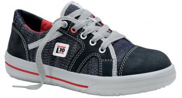 The shoe is a casual sneaker featuring a combination of dark blue fabric and gray leather. It has a white rubber sole and red accents. The laces are gray.