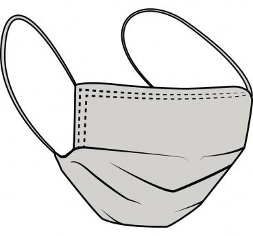 The image shows a gray face mask with two loops that attach to the ears. It has pleats for a better fit.