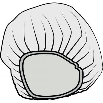 Das Bild zeigt eine Duschhaube. Sie ist rund, mit einem elastischen Rand. Der obere Teil ist faltig und leicht gebogen, die untere Kante ist glatter und klarer definiert.