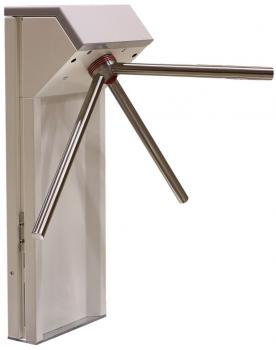 The image shows a turnstile access point. It has three metal arms that can be rotated to control passage. The structure is made of shiny stainless steel.