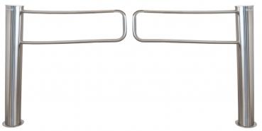 The image shows two vertical metal pillars with rounded surfaces that form a stylized barrier. The top rod is horizontal and slightly curved.