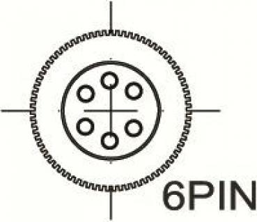 Das Bild zeigt eine kreisförmige Darstellung mit sechs Punkten, die gleichmäßig verteilen sind. In der Mitte kreuzt eine horizontale und vertikale Linie. Unterhalb steht "6PIN".