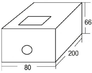 Das Bild zeigt einen rechteckigen Quader mit den Maßen 200 mm (Länge), 80 mm (Breite) und 66 mm (Höhe). An einer der kurzen Seiten befindet sich ein runder Ausschnitt. Oben ist ein rechteckiges Fenster.