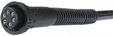 The image shows an electrical plug with a round shape and a rubberized, textured grip area. On the front, five even contacts are visible.