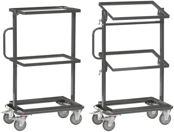 The image shows a black serving cart with three open shelves. It has a sturdy frame and four casters for easy movement. A handle is attached on the side.