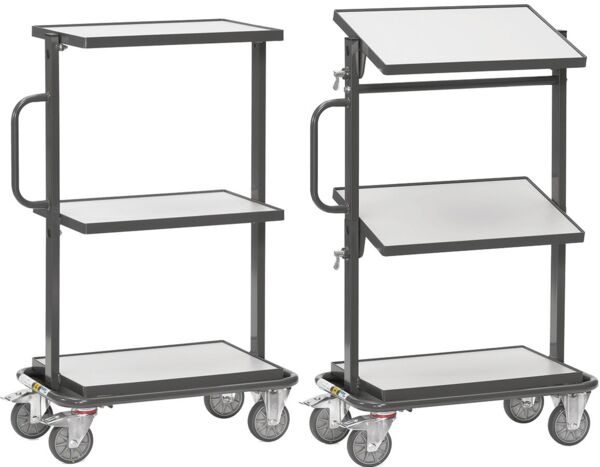 The image displays a three-tiered serving cart made of metal with a black frame. It features smooth, white shelves and four casters for easy movement, as well as a side handle.