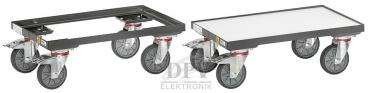 The image shows a sturdy metal transport dolly with four large, swivel wheels. The frame is rectangular and has practical attachments at the corners.