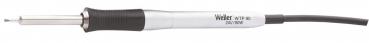 The image shows a soldering iron with a long, silver handle and a narrow, metallic soldering tip. A black cable runs from the bottom of the handle.