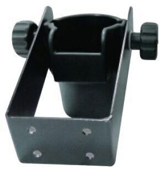 The image displays a black holder with a round, open-top container. It has two adjustable screws on the side and is rectangular with holes for mounting.