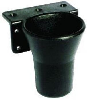 The image shows a black plastic cup holder. It features a funnel-shaped opening and is attached to a surface with three screws.