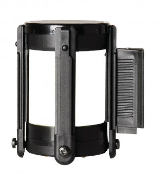 The image shows a compact, cylindrical container made of black plastic. It has a transparent inner window and a side mount. The lid is flat and smooth.