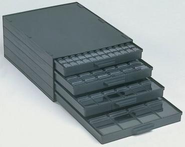 The image shows a black drawer box with several pull-out compartments. The compartments are flat and divided into various sizes to store small items.