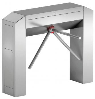 Das Bild zeigt einen Drehkreuz aus Edelstahl. Es hat eine rechteckige Form mit drei horizontalen Armstangen, die sich drehen, um den Eingang zu kontrollieren.