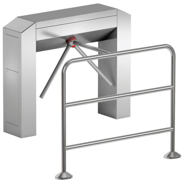 Das Bild zeigt ein Drehkreuz aus Metall. Es hat eine rechteckige Form mit einem horizontalen Balken, der sich dreht, wenn man ihn anstößt. An der Seite befinden sich manchmal Leser oder QR-Code-Scanner.