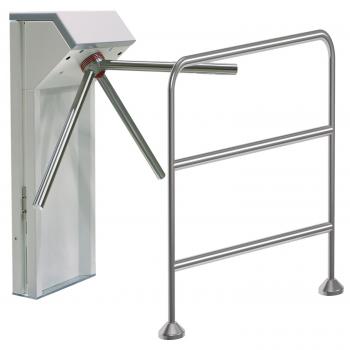 The image shows a metal turnstile. It has a rectangular base and a horizontal arm that rotates to allow access. The surface is smooth and shiny.