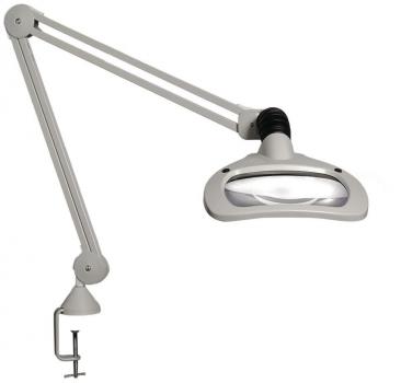 In the picture, there is a bright, adjustable magnifying glass with an integrated lamp. It has two movable arms and a clamp area to be attached to a table.