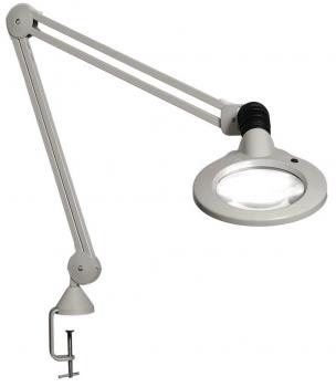 The image shows a swivel magnifying glass with integrated light. It has a white, flexible arm and a clamp for attaching to a table. The lens is round and magnifies objects.