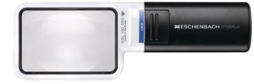 The image displays a handy magnifying glass with a rectangular glass element and a black handle. The lens is large and clear, the handle features a switch and a logo.