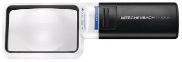 The image displays an electronic magnifying glass. It features a rectangular lens surrounded by a black and white casing. On the side, there is a control panel with buttons.