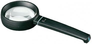 The image shows a magnifying glass with a round lens, surrounded by a black frame. The handle is also black and has a slight bulge for better grip.
