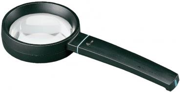 Das Bild zeigt eine schwarze Lupe mit einem runden, transparenten Glas und einem langen Griff. Die Linse ist leicht gewölbt und vergrößert Objekte, die darunter liegen.