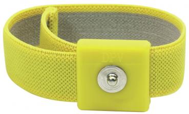 Das Bild zeigt ein gelbes Armband aus flexiblem Material. Es hat einen stabilen Klickverschluss in der Mitte, der dient dazu, das Armband sicher zu befestigen.