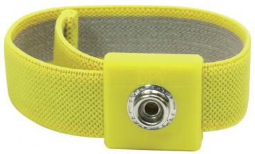 Das Bild zeigt ein gelbes, flexibles Armband aus Mesh-Material. In der Mitte befindet sich ein quadratisches, gelbes Element mit einer silbernen, runden Schnalle.