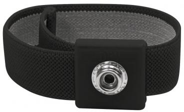 Das Bild zeigt ein schwarzes Armband aus einem flexiblen, strukturierten Material. Es hat eine quadratische, glänzende Verschlussfläche in der Mitte mit einem runden Öffnungsmechanismus.