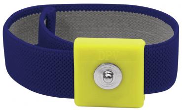The image displays a bracelet-like object. It is made of blue, textured material and features a yellow clasp with a metal button in the center.