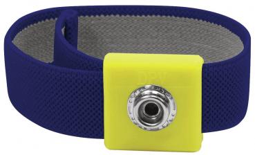 The image shows a blue elastic band with a striking, yellow clasp. The clasp has a round, silver part in the middle that shines.