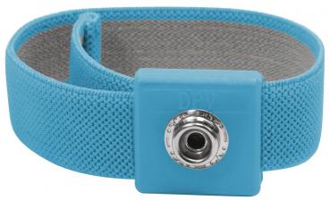Das Bild zeigt ein blaues, elastisches Armband mit einem quadratischen Verschluss. Die Innenseite ist grau und die Oberfläche ist strukturiert. Der Verschluss hat einen Metallring.