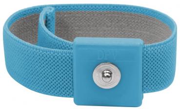 The image shows a bracelet made of blue, textured material with a gray lining. It features a square clasp with a metal button.