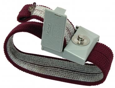 The image shows an adjustable strap in red with gray and white stripes. At one end, there is a gray bracket with a small screw, likely used for attachment.