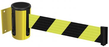 A hand holds a yellow-black barrier tape attached to a wall. Next to it is a bracket to secure the tape. The background is gray.