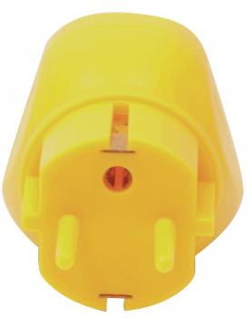 Das Bild zeigt einen gelben Steckdosenadapter. Er hat eine runde Form mit zwei parallelen Stiftöffnungen und einem runden Loch in der Mitte. Die Oberfläche ist glatt und glänzend.