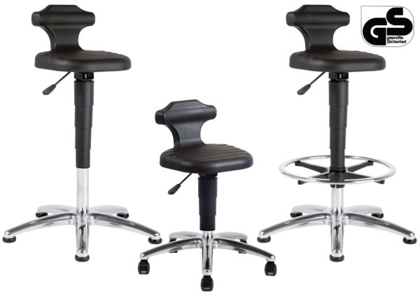 The stool has a round, black seat with a back support. The height is adjustable and the base is made of silver metal with five wheels.